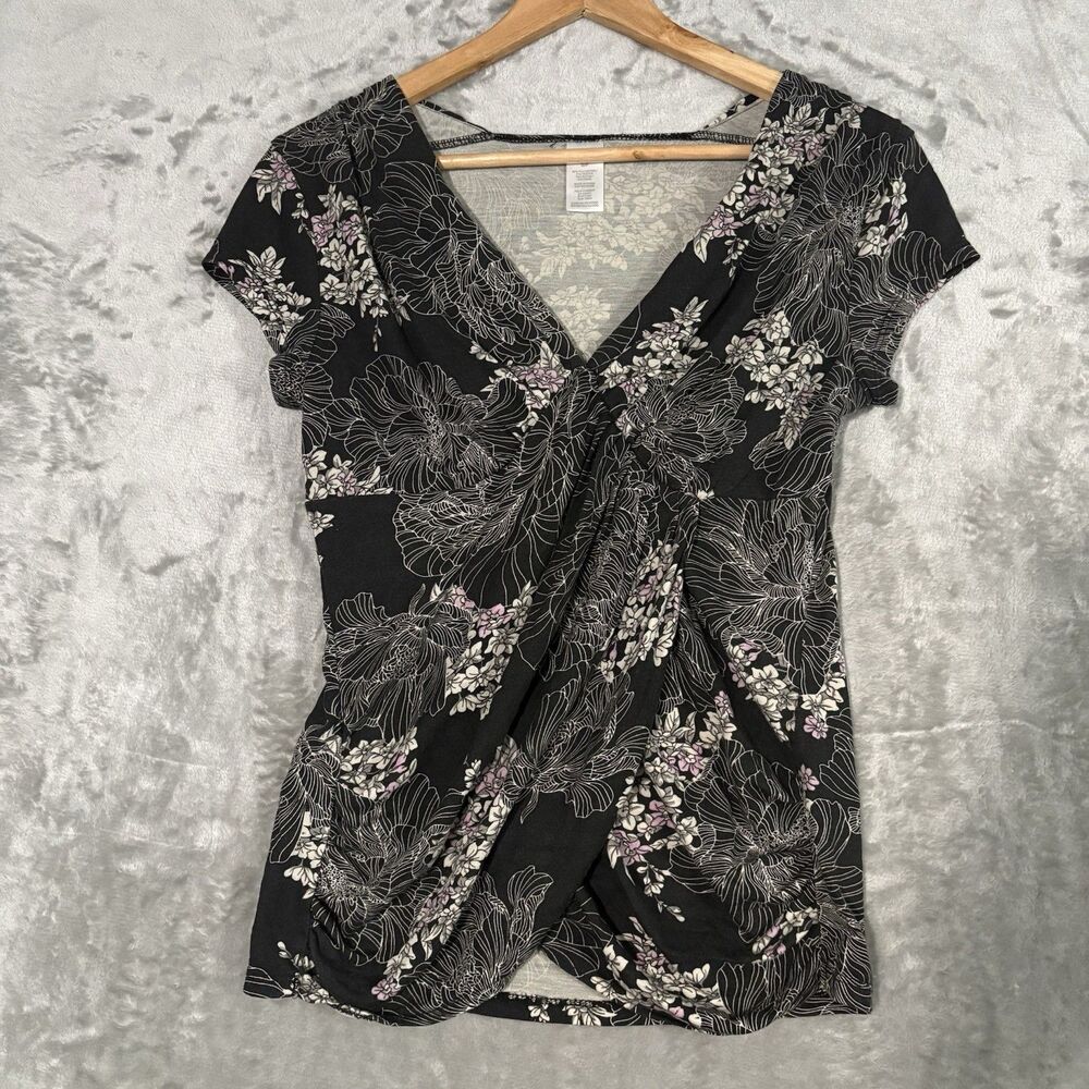 Max Studio Floral V-Neck Ruched Knot Blouse S Black Whimsigoth Boho Cottagecore